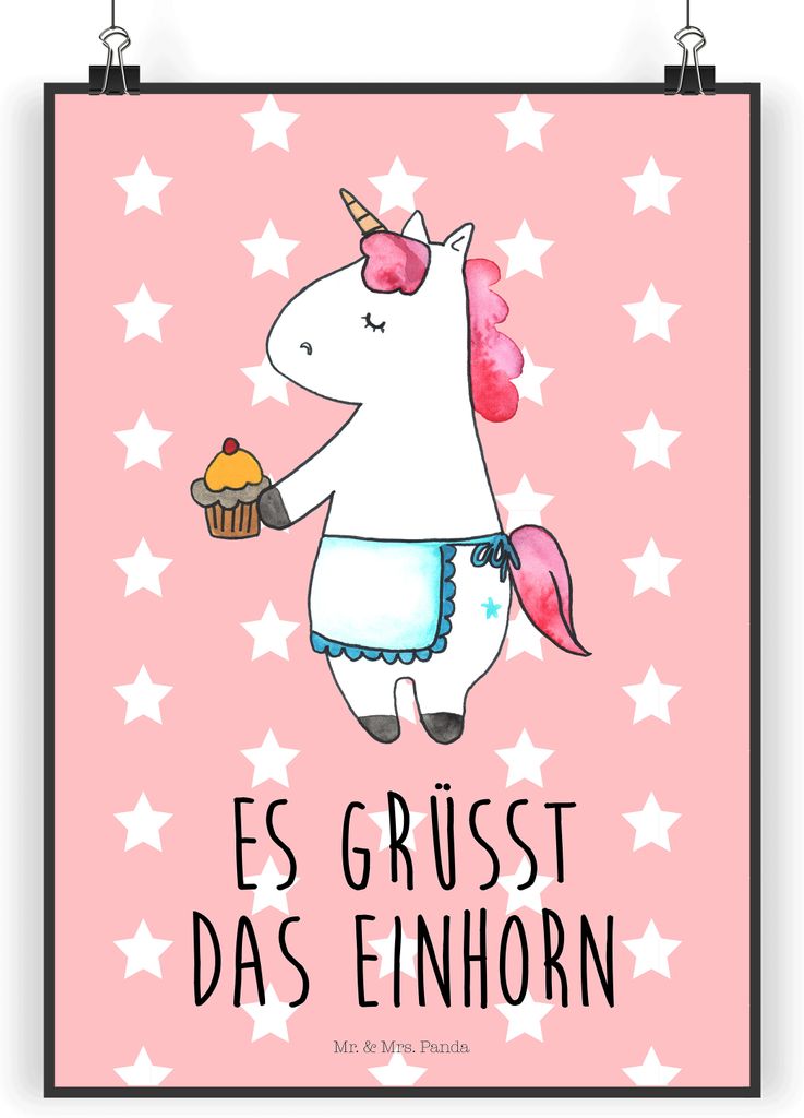 Mr. & Mrs. Panda Bild Einhorn Muffin DIN A4 - Rot Pastell - Geschenk, drucke, Geburtstag, Plakat, Unicorn, Wandbild, Kunstdruck, Kekse, Geburtstags...