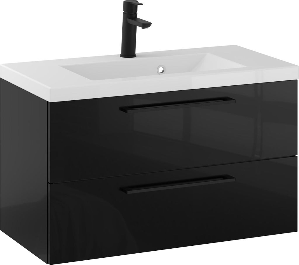 Rosen 80 cm Badezimmerschrank in Schwarz Hochglanz mit Waschbecken und Schwarz Griffen - Zeitloses Design für ein elegantes Bad