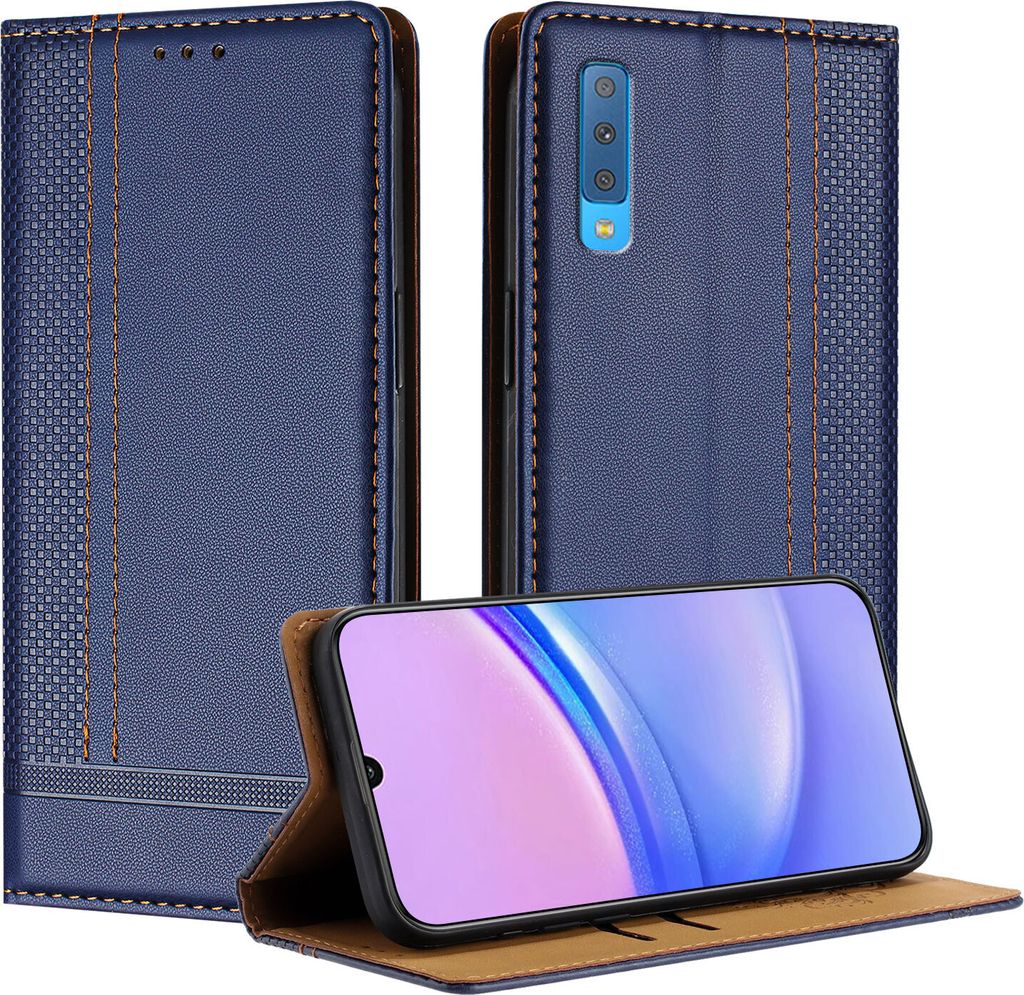Handyhülle für Samsung Galaxy A7 2018 Leder Flip Klappbare Schutzhülle mit Standfunktion Blau