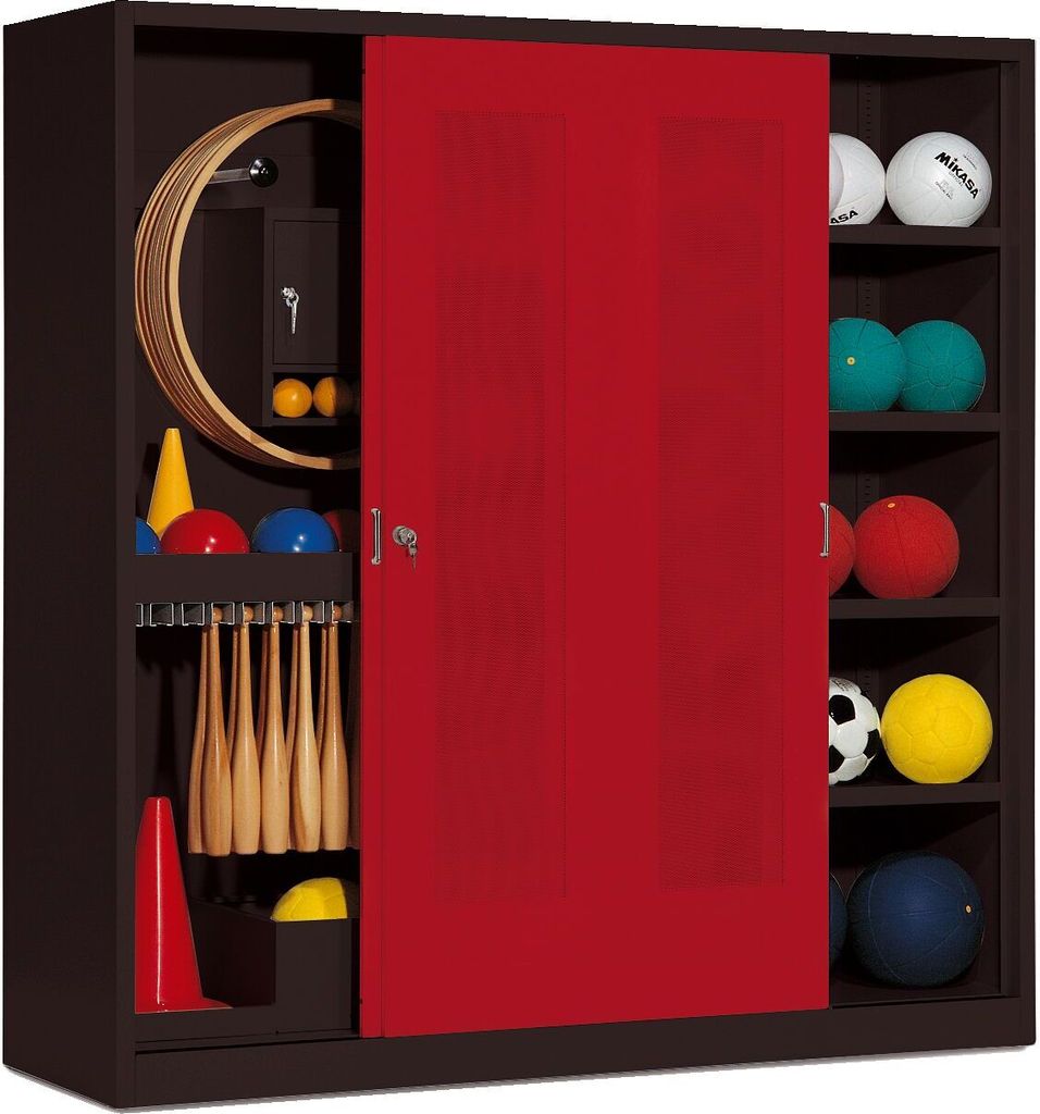C+P Sportgeräteschrank mit Lochblech-Schiebetüren (Typ 5), HxBxT 195x190x60 cm, Rubinrot (RAL 3003), Anthrazit (RAL 7021), Einzelschließung