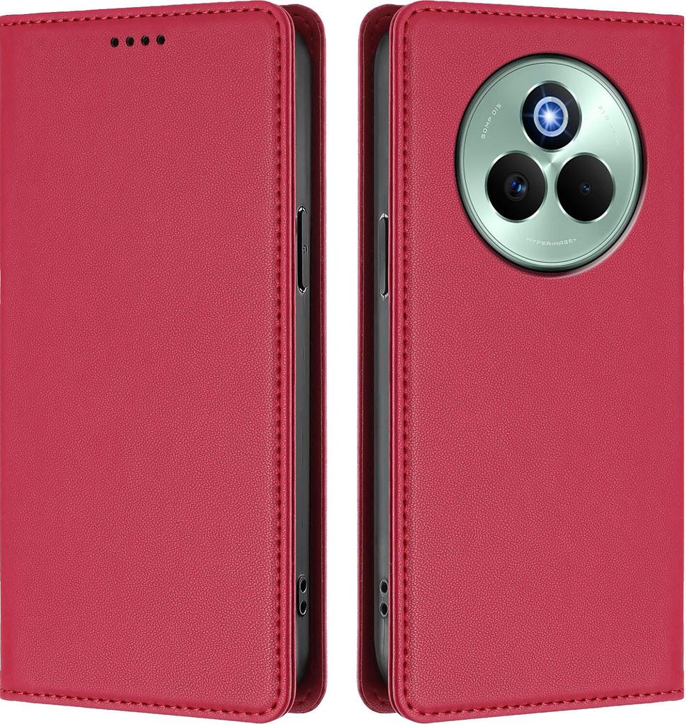 Handyhülle für Realme P3 Pro, Kunstleder Klapphülle Stoßfeste Magnetische Hülle mit Ständer Rot