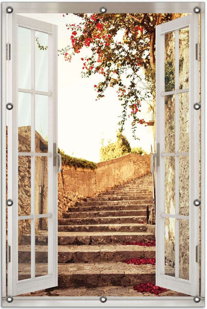 Wallario Outdoor-Poster für Garten oder Balkon 80 x 120 cm: Steinerne Treppe in Italien