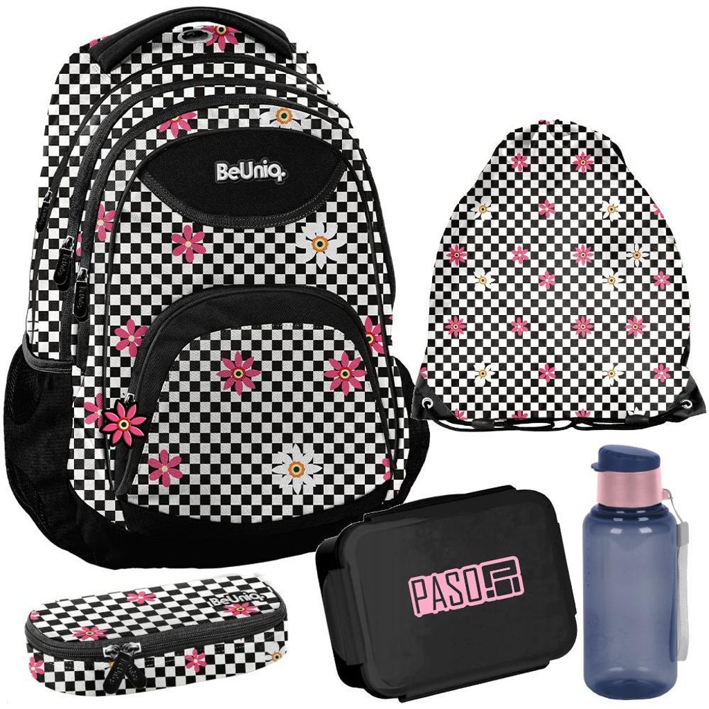 BeUniq Schulrucksack Set 5-teilig mit Blumenmuster KARIERT für Jugendliche schwarz - weiß