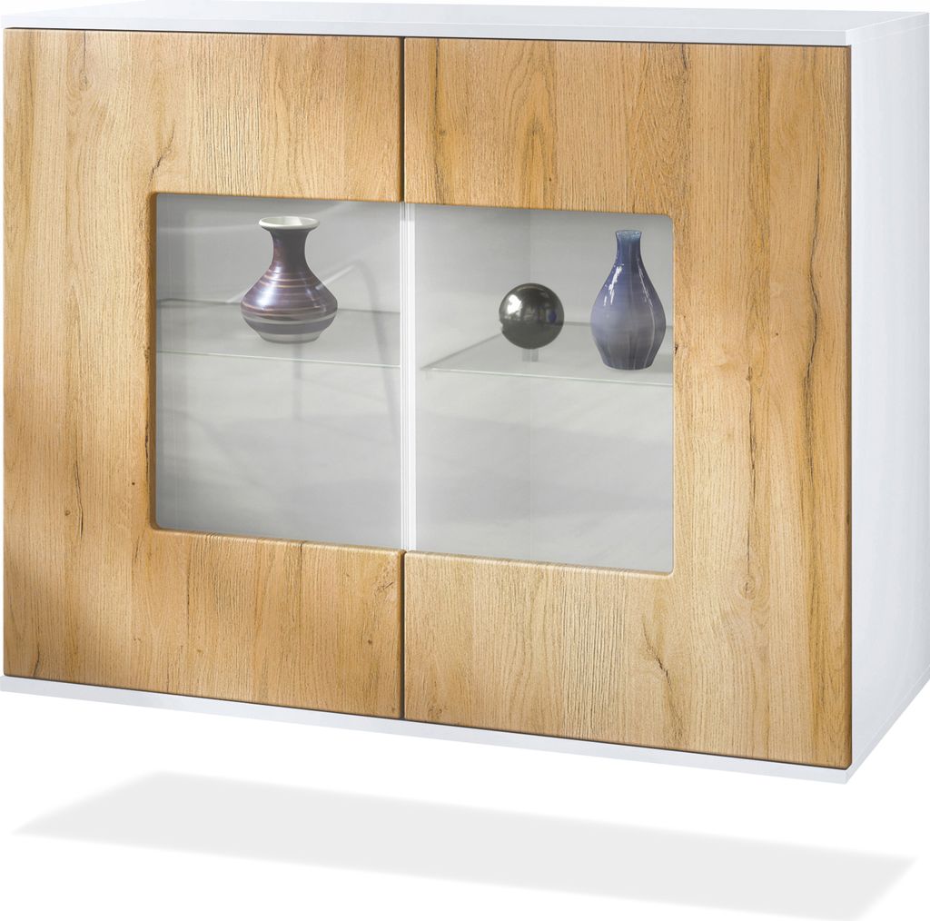 Vladon Kommode Grömitz V3, Moderner Küchenschrank mit 2 großen Glastüren inkl. RGB Beleuchtung Weiß matt / Eiche Natur (92,5 x 73.5 x 35)