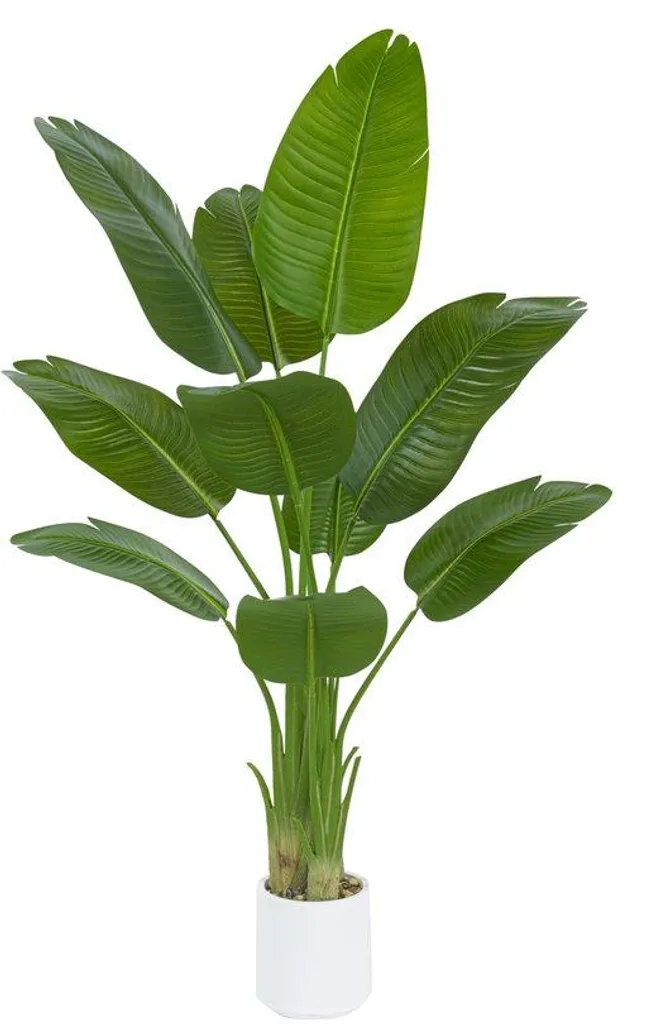 Plante tropicale artificielle 10 feuilles 150 cm avec vase blanc lesté