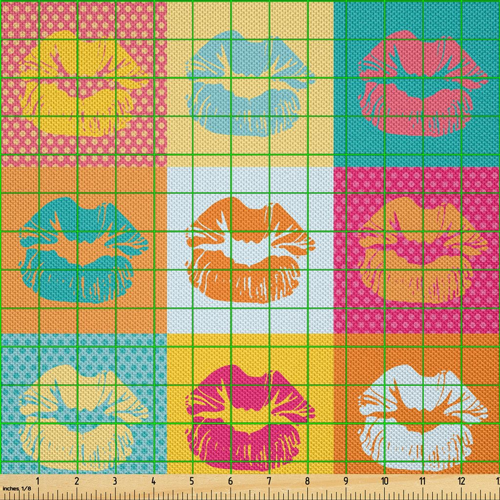 ABAKUHAUS Modern Satin Stoff als Meterware, Sexy Frauen-Lippen auf Tupfen-Hintergrund in den verschiedenen Rahmen-Mode-Kuss-Liebes-Design, 5 M (148...