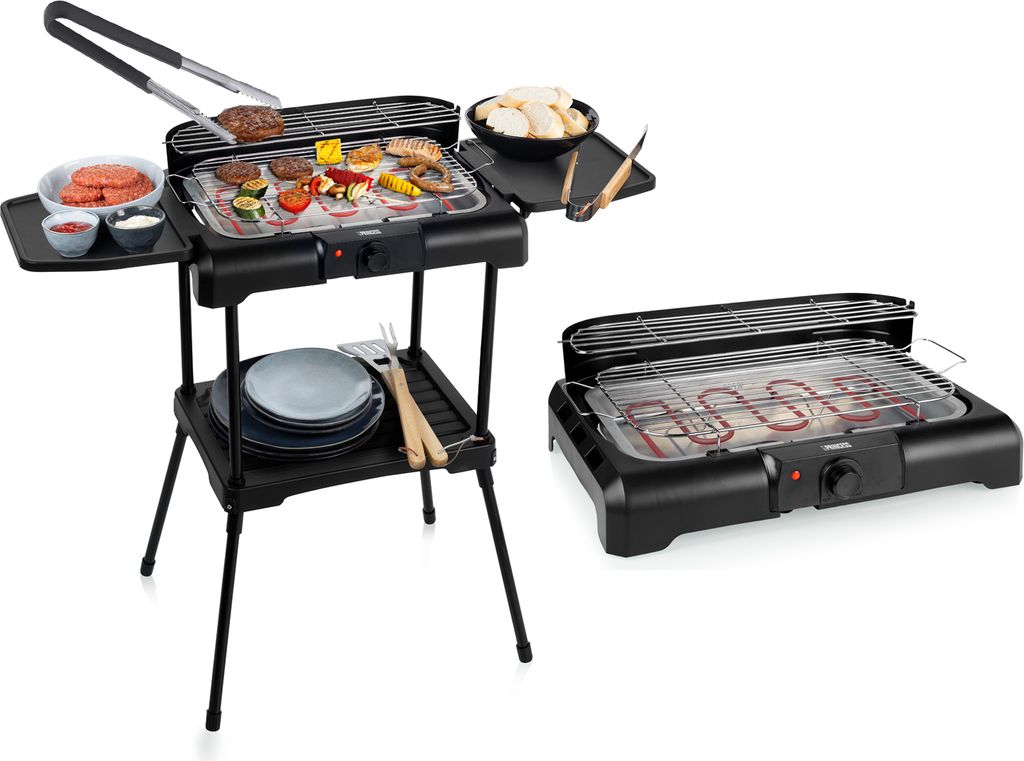 Two electric grills are shown against a white background. The larger grill is on a stand with food being cooked on it, and the smaller grill is on a table.