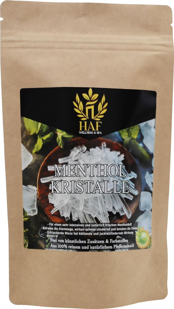 HAF Mentholkristalle 100g im Beutel | Saunakristalle aus 100% reinem Minzöl | Befreit die Atemwege | Für intensiven Sauna | Qualität: Germany