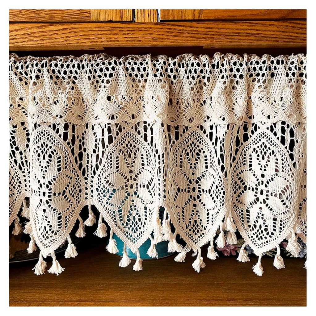 Kurzgardine im Landhausstil mit Stickerei in Beige, Häkelgardine, Vintage Scheibengardine, Bistrogardine, Retro, Größe W90xH38cm