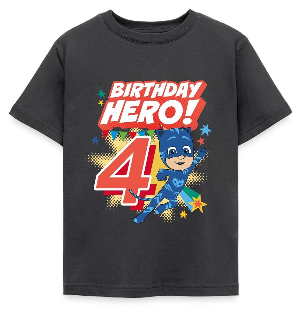 Spreadshirt PJ Masks Catboy Birthday Hero 4. Geburtstag Kinder T-Shirt, 98/104 (3-4 Jahre), Dunkelgrau