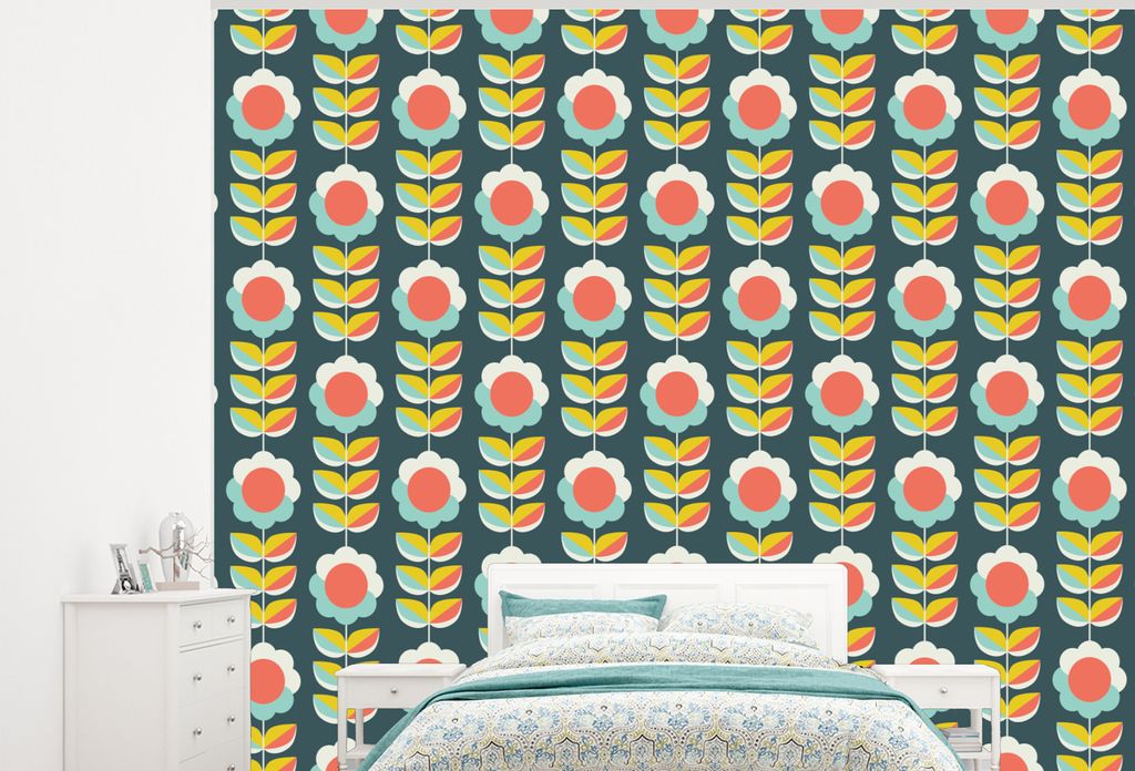 MuchoWow Fototapete für Wohnzimmer oder Schlafzimmer Wandtapete Vinyl Motivtapete Retro - Blumen - Skandinavisch - 375x300 cm - Tapezierpapier