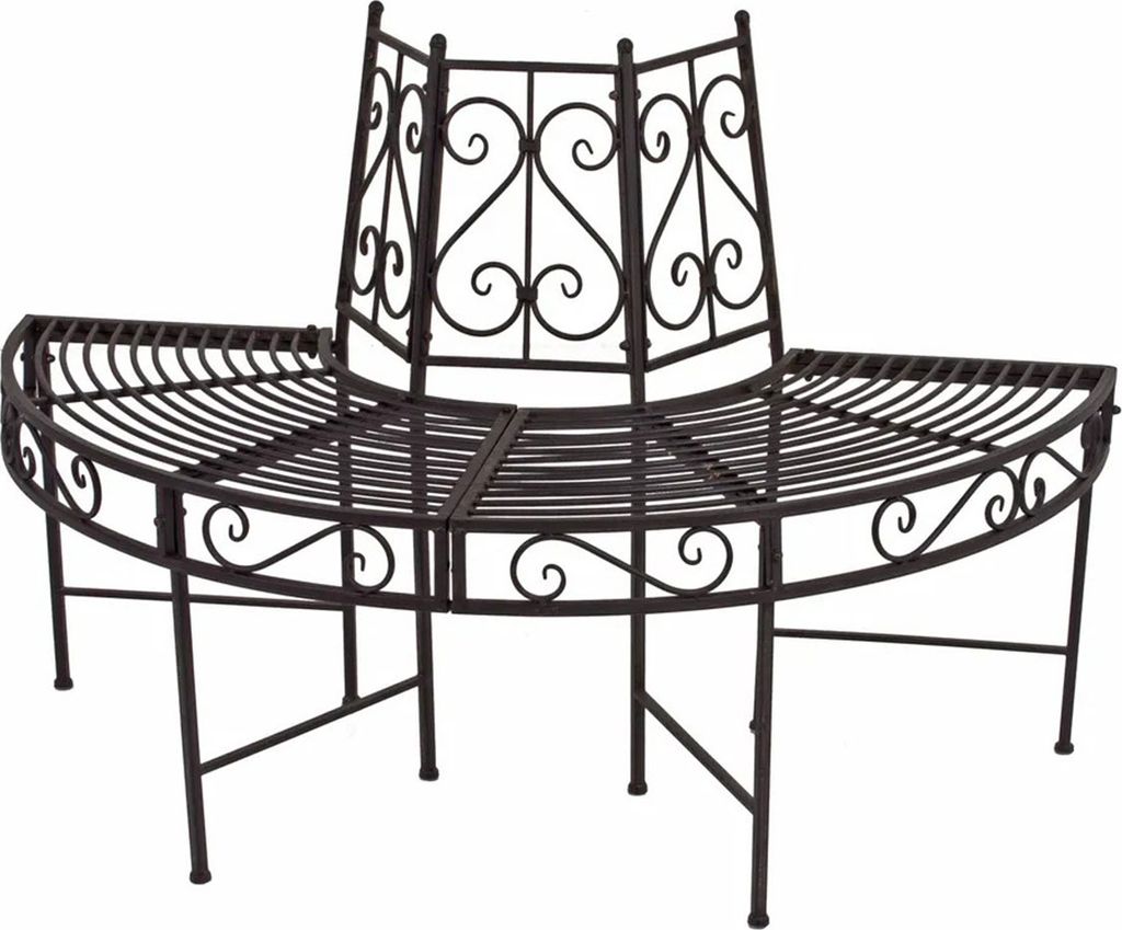 A dark metal half-circle bench designed to fit around a tree trunk.