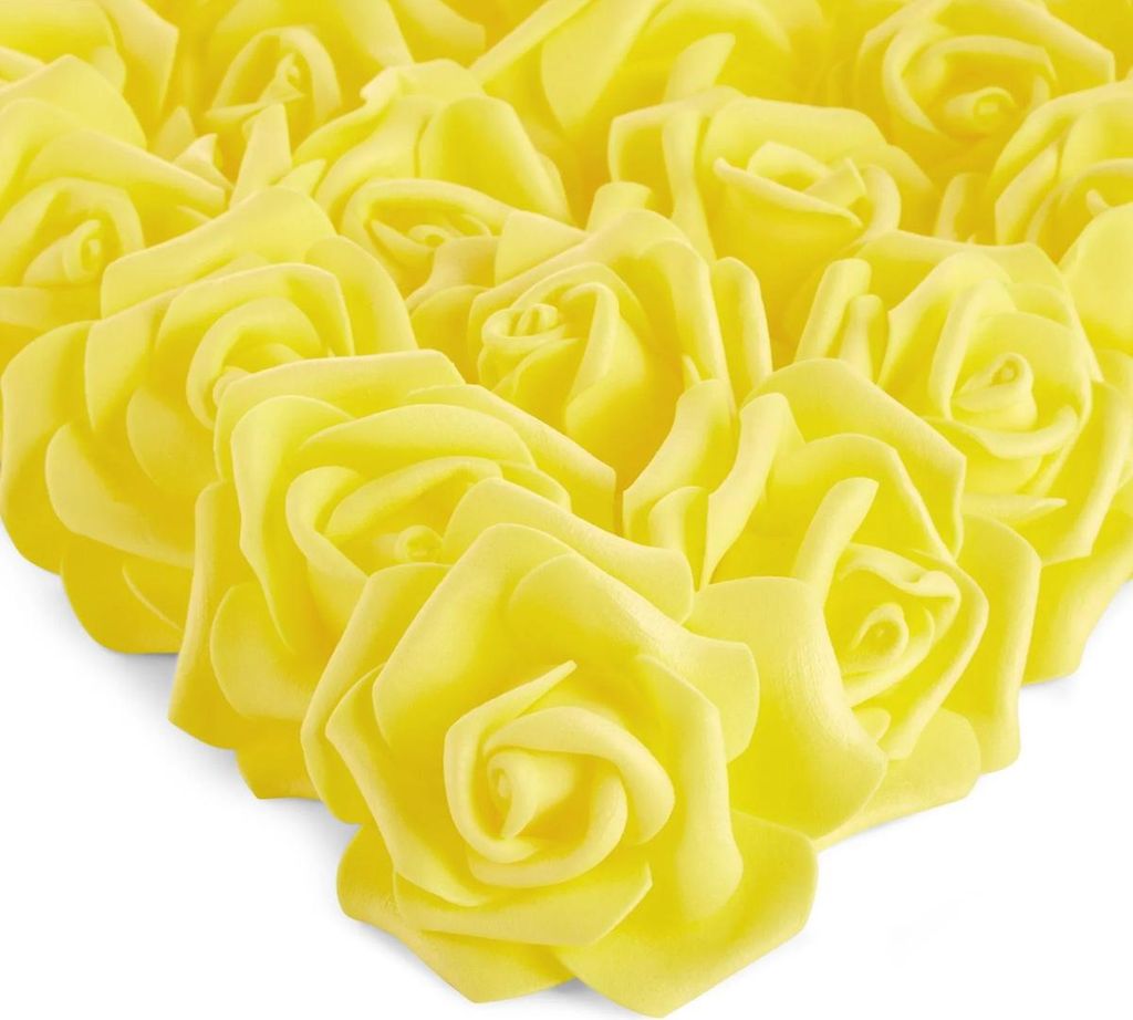 100er-Pack gelbe Kunstblumen, große, stiellose Kunstschaumrosen für Hochzeiten, Dekorationen, Blumensträuße (3 Zoll)