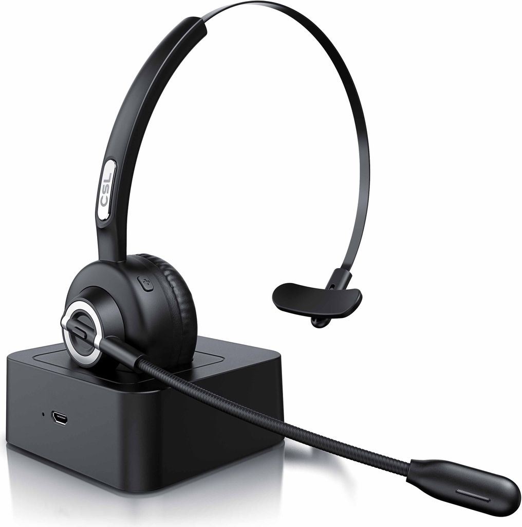 A black wireless headset with a microphone and charging station is shown against a white background.