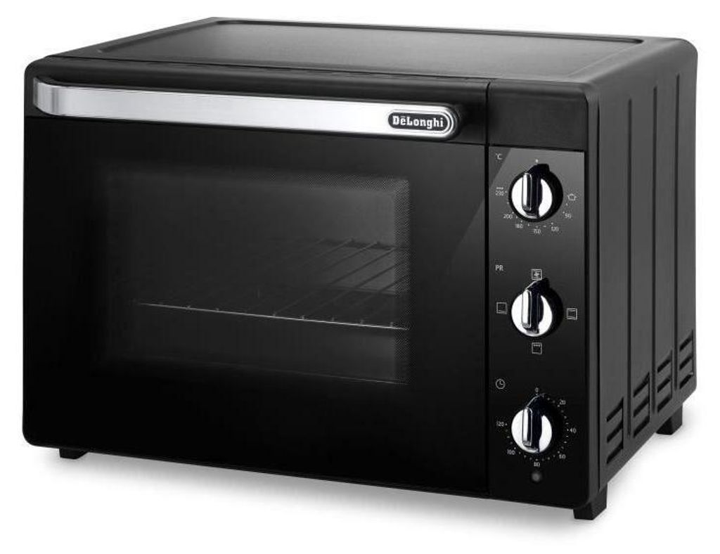 A black De Longhi electric oven is shown from a front-side angle against a white background.