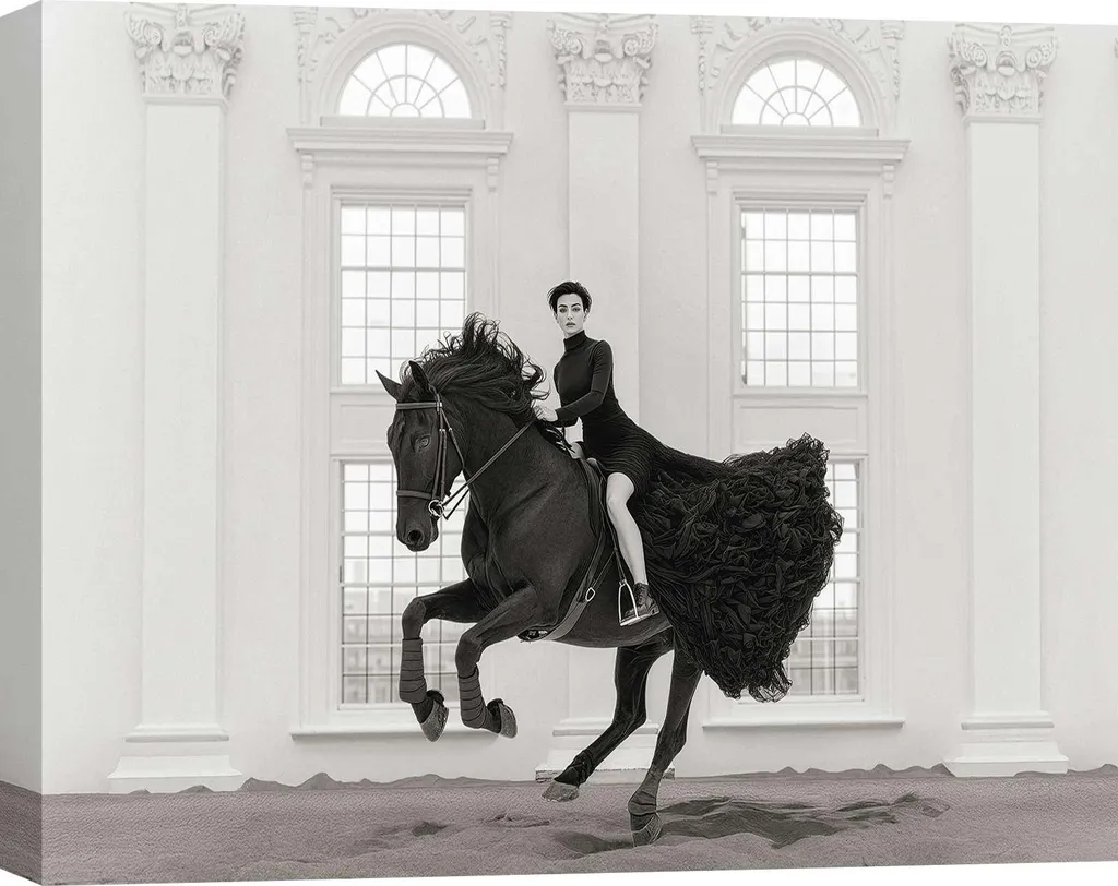 Tableau Photographie de Mode Julian Lauren À Cheval Noir et Blanc 100x70