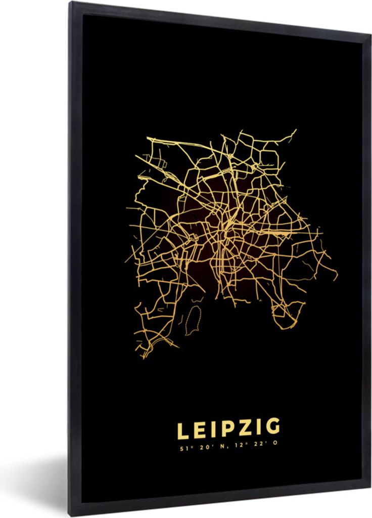MuchoWow Gerahmtes Poster Leipzig - Karte - Gold - Stadtplan 60x90 cm - Poster mit Schwarzem Bilderrahmen Wandposter Rahmen Foto Bilder - Kunst