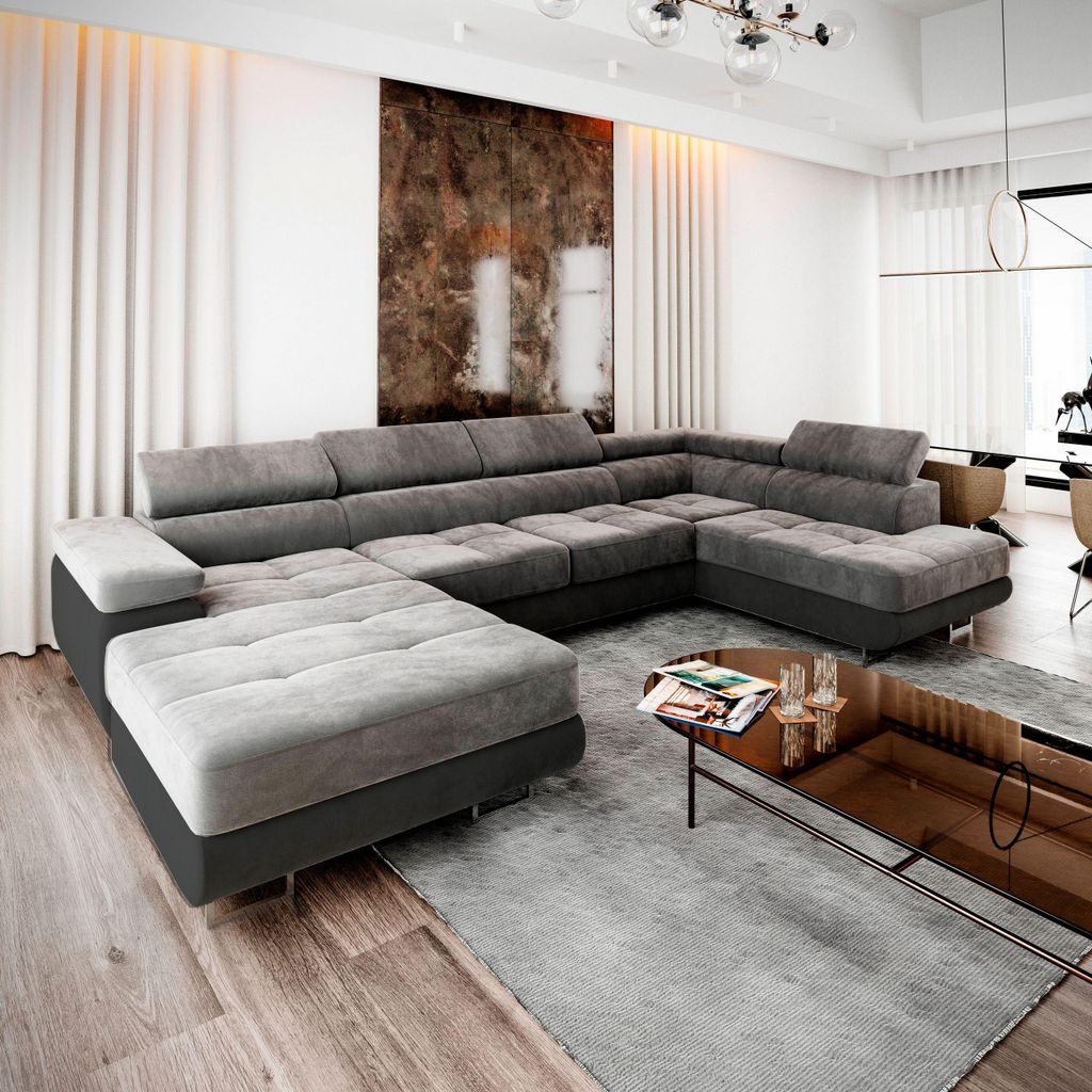 Masseno Ecksofa CASONE R-S mit Schlaffunktion U-Form, Sofa mit Bettkasten, Wohnzimmersofa, Couch, Soffa, Bettsofa, Couchgarnitur- Hellgrau, MONOLIT...
