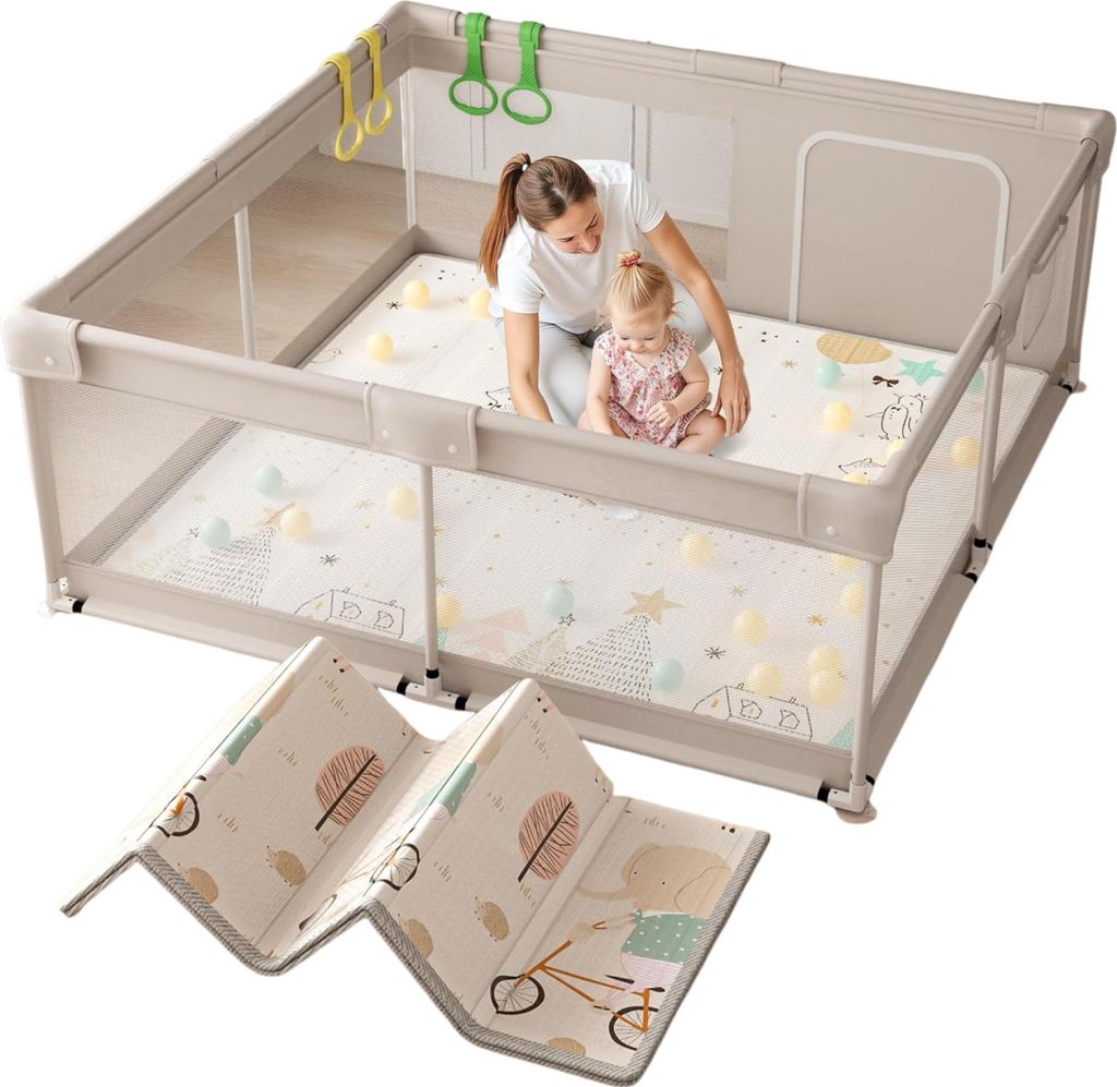 Parc pour bébé, 150 x 150 x 68 cm, avec tapis en tissu Image du produit 