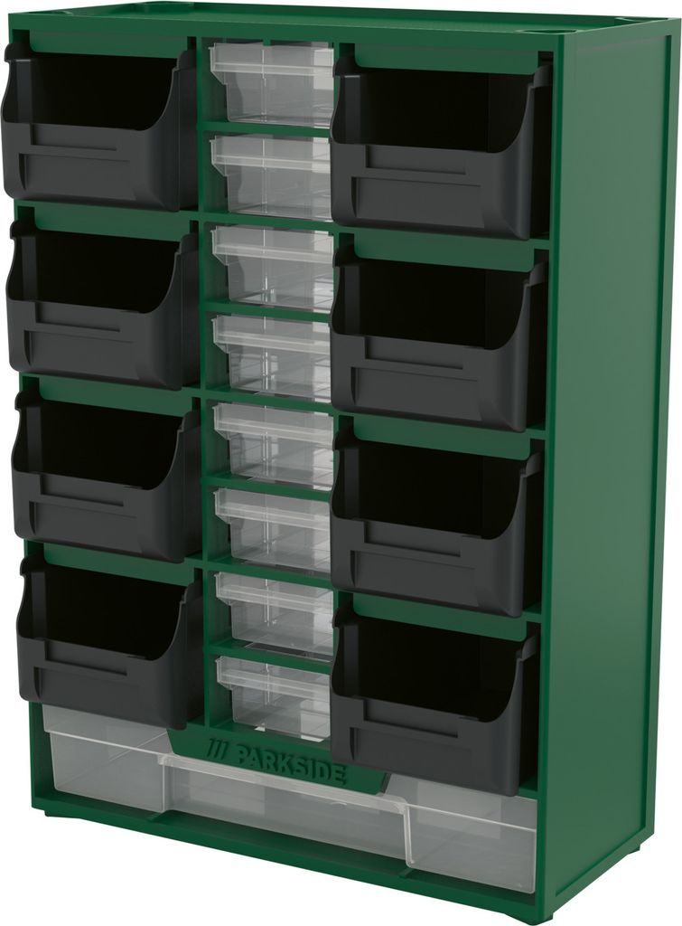 A green storage cabinet with multiple compartments for small items.
