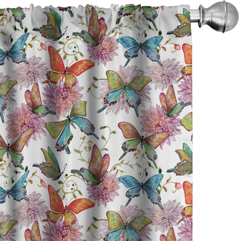 ABAKUHAUS Schmetterling Vorhänge, Gardinen, Retro-Stil Schwalbenschwanz Flügel Verziert Frühjahr Jahreszeit blühende Blumen Hintergrund, 2 Stü...