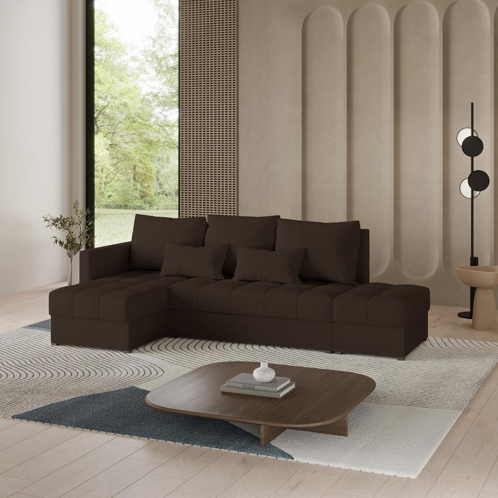Masseno Ecksofa LUMARI L-S mit Schlaffunktion L-Form, Sofa mit Bettkasten, Wohnzimmersofa, Couch, Soffa, Bettsofa, Couchgarnitur- Braun, NEVE 28