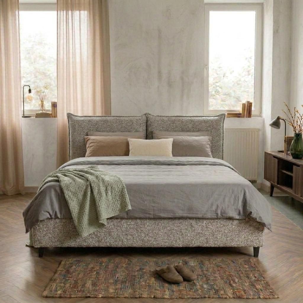 ELVORA DESIGNE Polsterbett 160x200, Modernes Skandi-Bett mit Stauraum & Gasdruckdämpfer, Wasserabweisend, Taupe