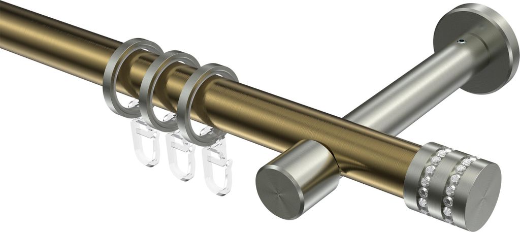 Interdeco Gardinenstange / Vorhangstange Messing Antik / Edelstahl-Optik, Typ Prestige Estana (Glitzerkappe), 20 mm Ø 1-läufig, 280 cm