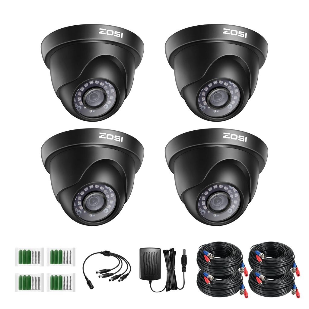 ZOSI 4X Full HD 1080p Dome Video Überwachungskamera Set mit Kabel und Netzteil, 2MP TVI Videoausgang, 20M IR Nachtsicht, Schwarz