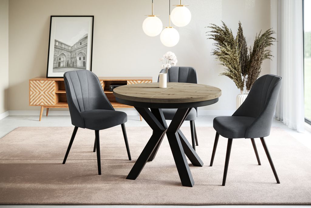 Runder Esszimmertisch LOFT, ausziehbarer Tisch Durchmesser: 100 cm/180 cm, Wohnzimmertisch Farbe: Mattbraun, mit Metallbeinen in Farbe Schwarz