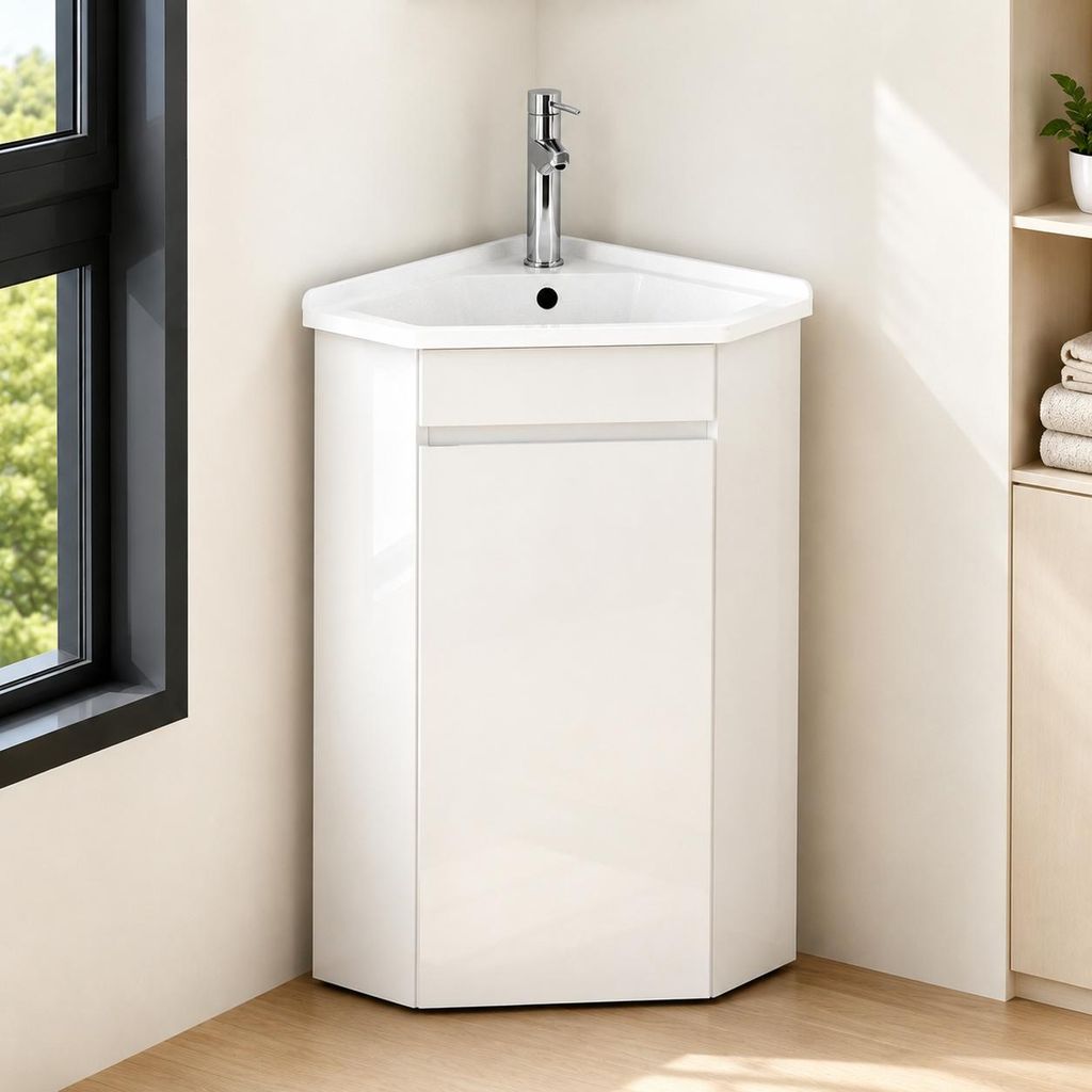 Eck-Waschtisch 66 cm mit Unterschrank & Keramikbecken, Produktbild  KI-generiertes Bild