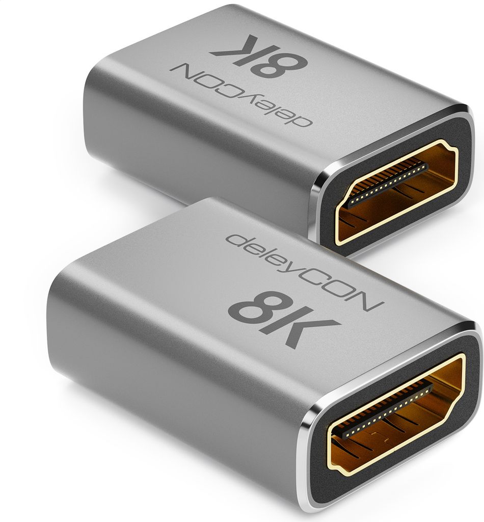 deleyCON 2 Stück HDMI Adapter Kupplung Verbinder 8K@60Hz 4K@120Hz UHD 7680x4320 Aluminium HDMI 2.1 ARC HDR10+ Dolby Vision VRR ALLM 48Gbps Grau Sc...