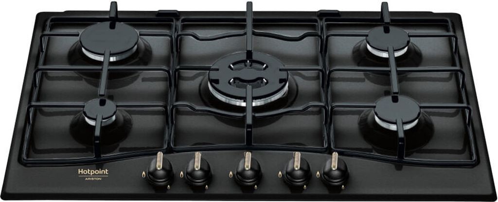 A black gas hob with five burners and control knobs at the front.