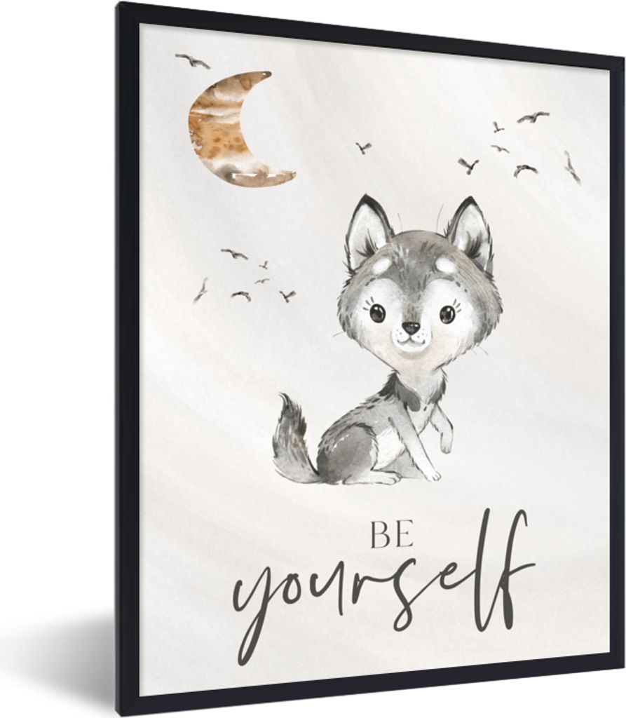 MuchoWow Gerahmtes Poster Sprichwörter - Wolf - Sei du selbst - Kinder - Jungen - Mädchen - Aquarell 30x40 cm - Poster mit Schwarzem Bilderrahm...