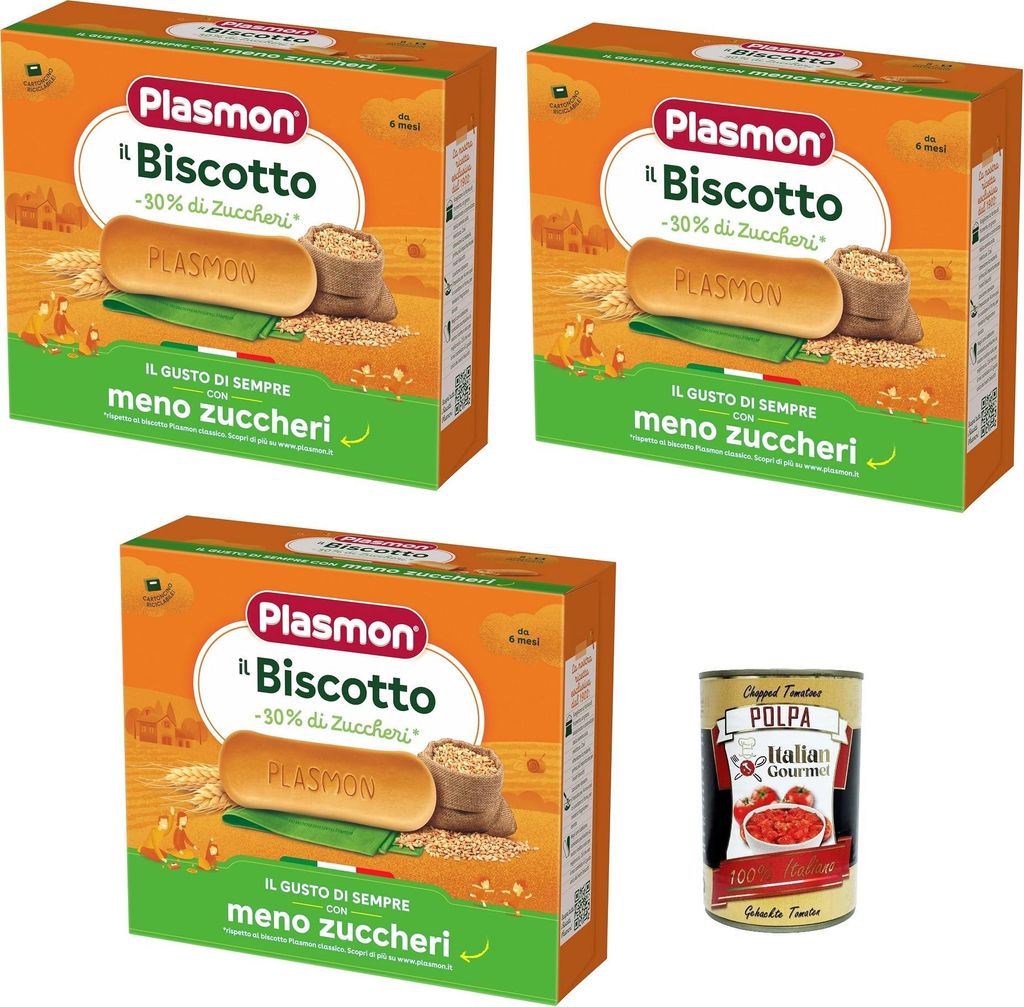Plasmon il Biscotto -30% Zuccheri, 3x 320 g, 100% Grano Italiano Selezionato + Italian Gourmet polpa 400g