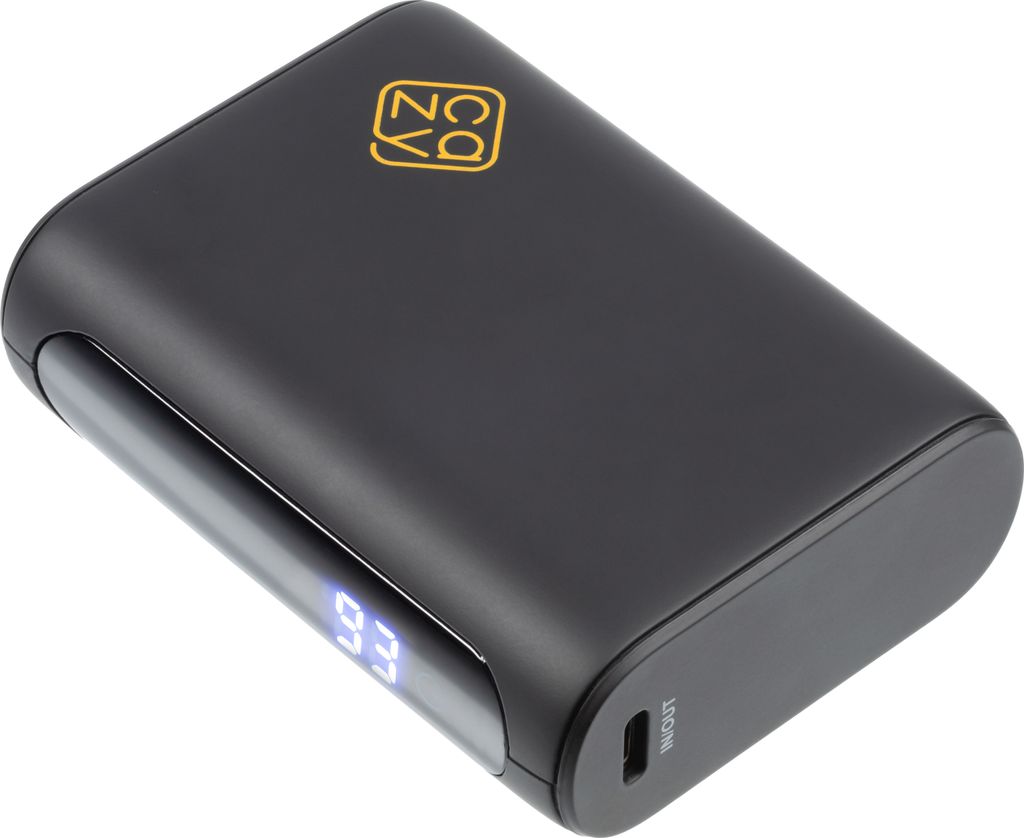 A black power bank with a gold logo and a digital display showing '93'.