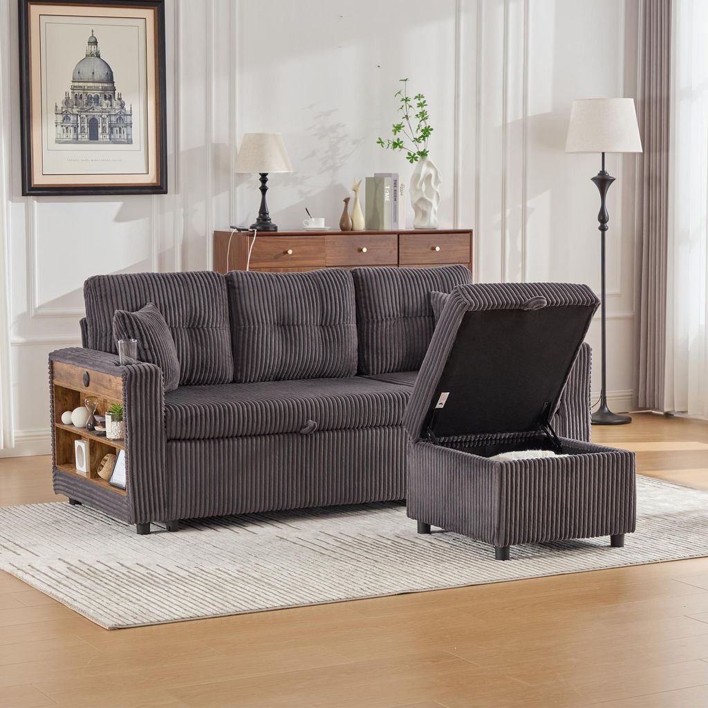 okwish Modulares Sofa Chaiselongue aus Cord Schlafsofa mit Ausziehbare Schlaffunktion und LED-Beleuchtung, Klappsofa Loungesofa mit Sitz- und Rück...