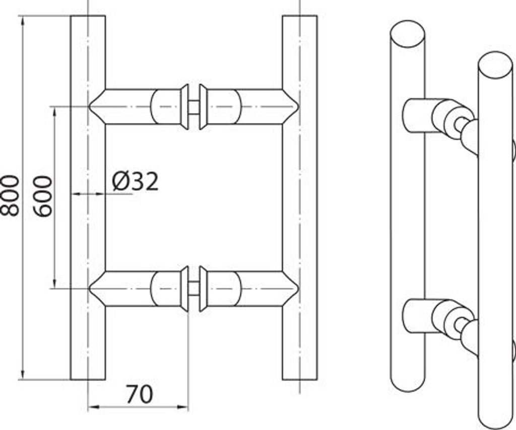 INOX beidseitig gebogener Griff B-Harko fi 32 800x600 matt, Edelstahl SS304, Schraubensatz