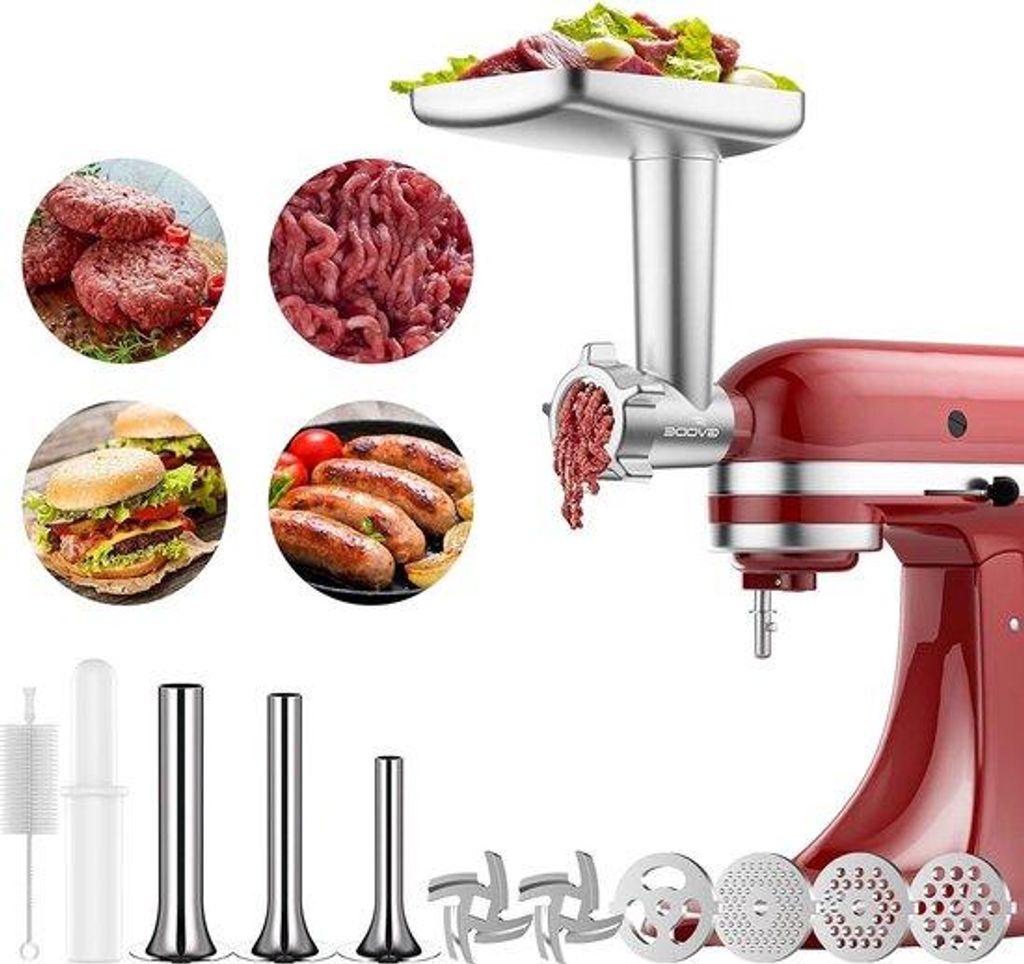 Fleischwolf-Aufsatz für Kitchenaid Zubehör, mit 4 Mahlscheiben, 3 Wurstfüllungen für Kitchen Aid, Fleischwolf-Aufsatz aus Aluminiumlegierung