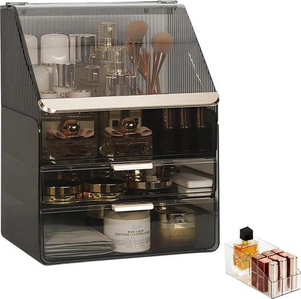 Coiffeuse de chambre grise avec rangement maquillage et plateau tissu