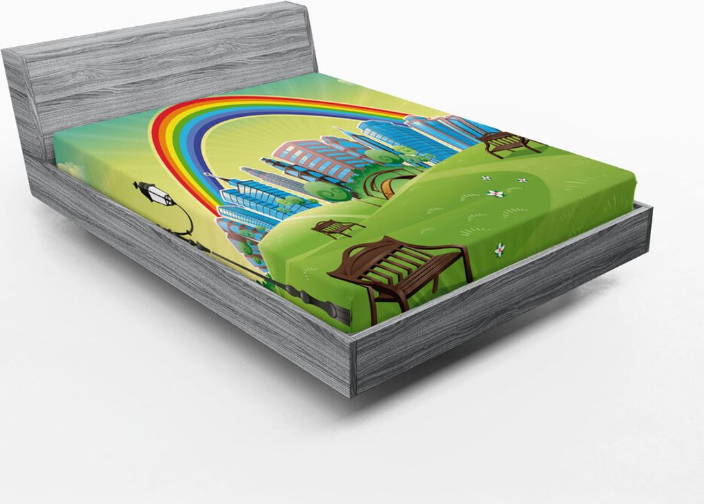 ABAKUHAUS Karikatur Spannbetttuch, Kinder Kindergarten Design Park Bench Hills Wohnungen Rainbow Beams Blumen Kunstdruck, 90 x 200 cm, Mehrfarbig