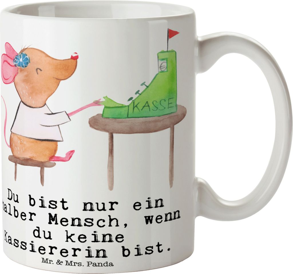 Mr. & Mrs. Panda Kaffeetasse Kassiererin Herz - Weiß - Geschenk, schöne tasse, Becher, Pott, Witzig, Kassenwartin, Keramiktasse, Spruch, Lustig, ...