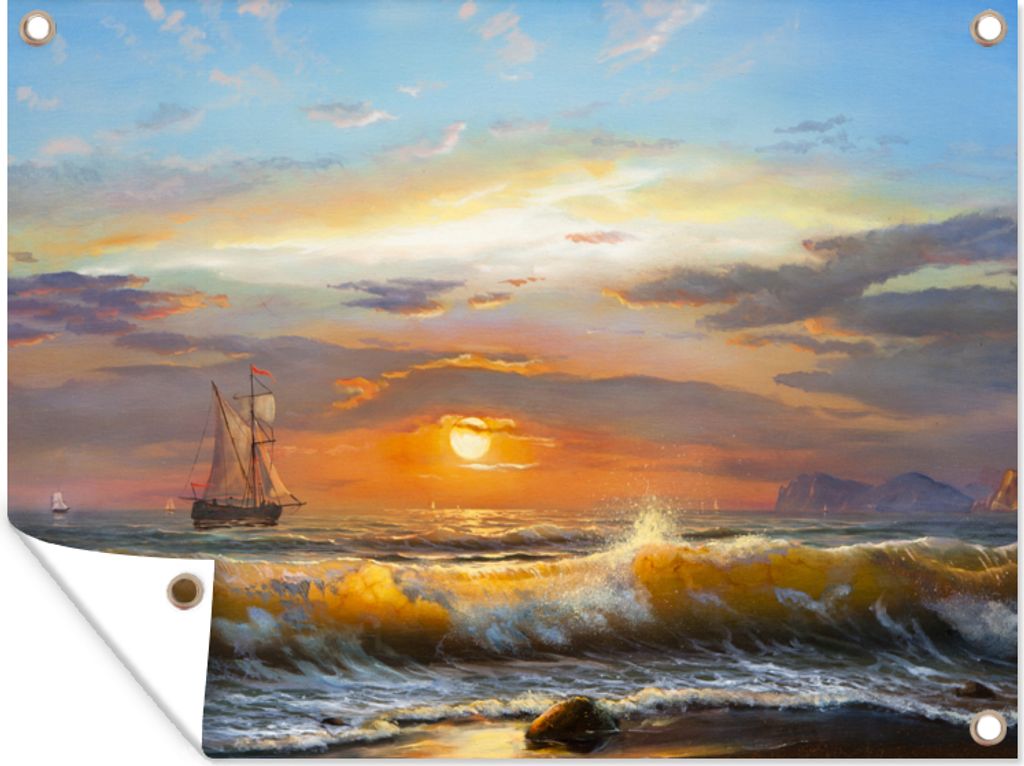 MuchoWow 80x60 cm Outdoor-Poster Gartendeko Sichtschutz Garten Poster für den Garten Malerei - Wasser - Segelboot - Ölfarbe