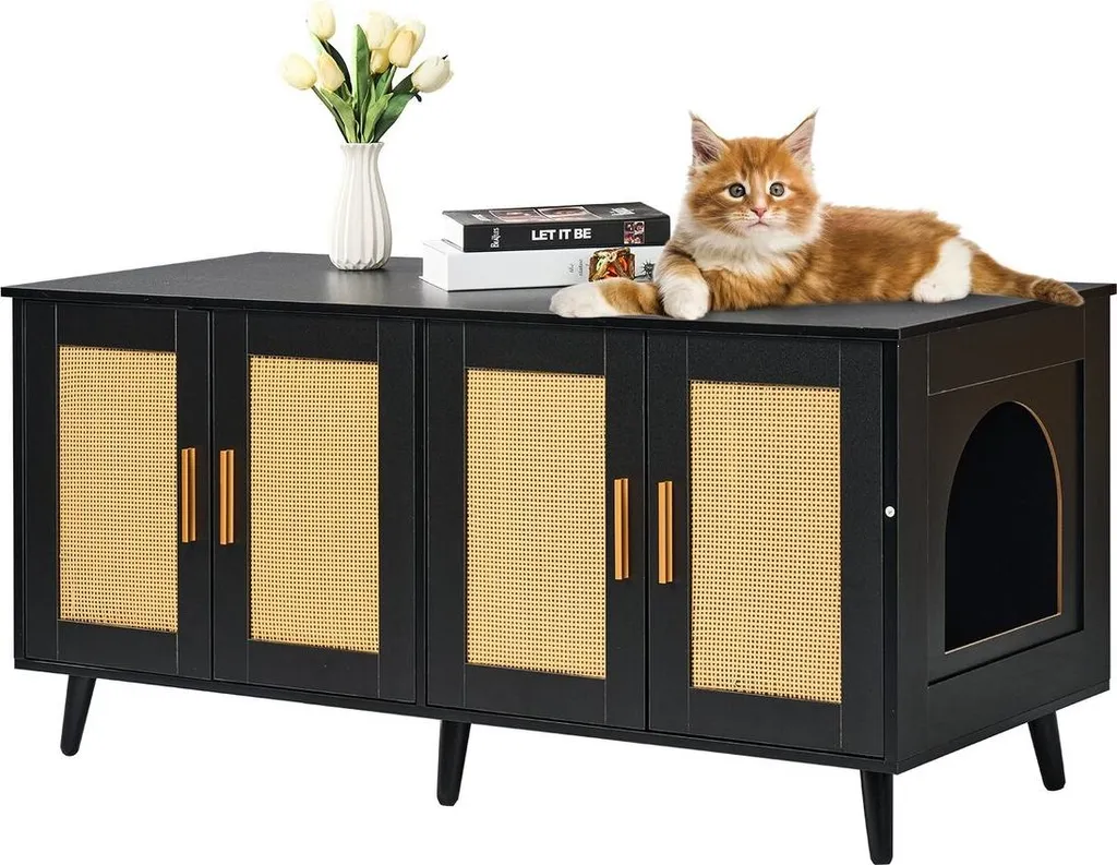 Meuble pour litière pour chat en bois noir design avec rangements