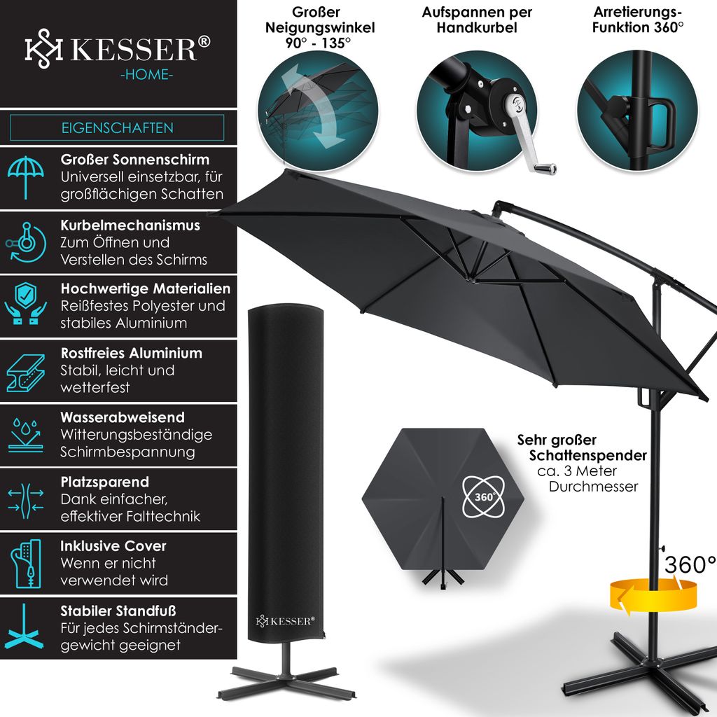 KESSER® Alu Ampelschirm Sonnenschirm + Abdeckung Ø300 cm / Produktbild 2