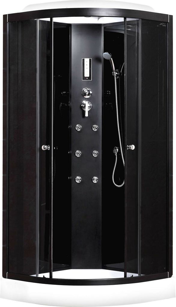 A black hydromassage shower cabin with a flat shower tray.