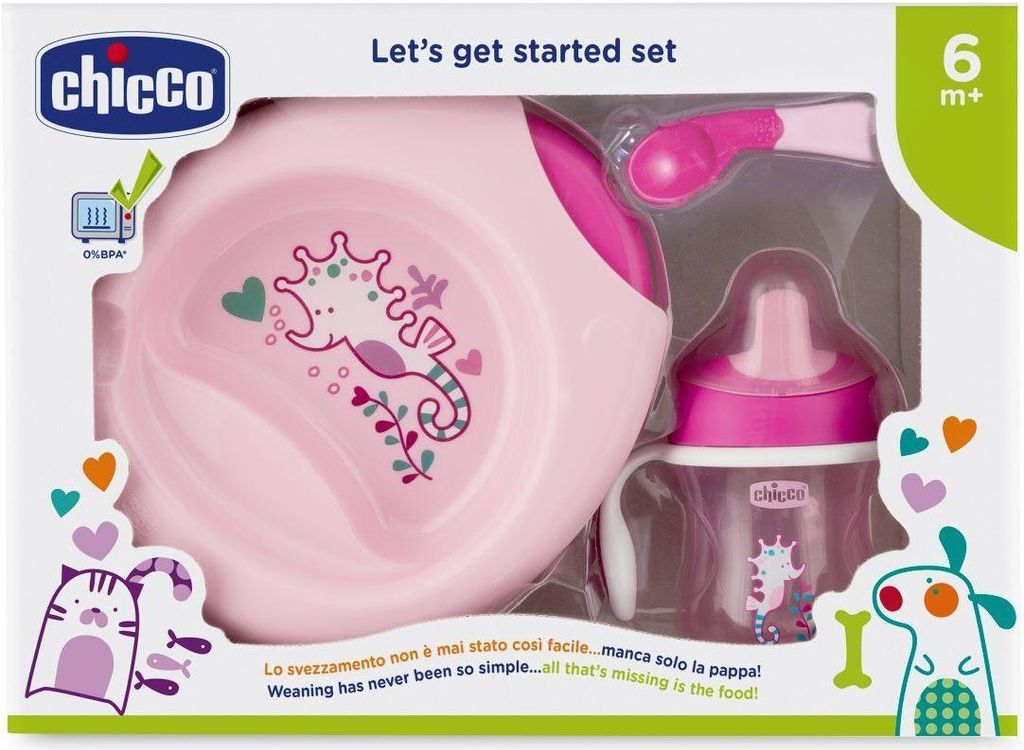 Chicco Geschenkset 6+, Baby Geschirrset enthält 2-teiligen Babyteller, Trinkbecher und Entwöhnungslöffel, Babybesteck 6+ Monate