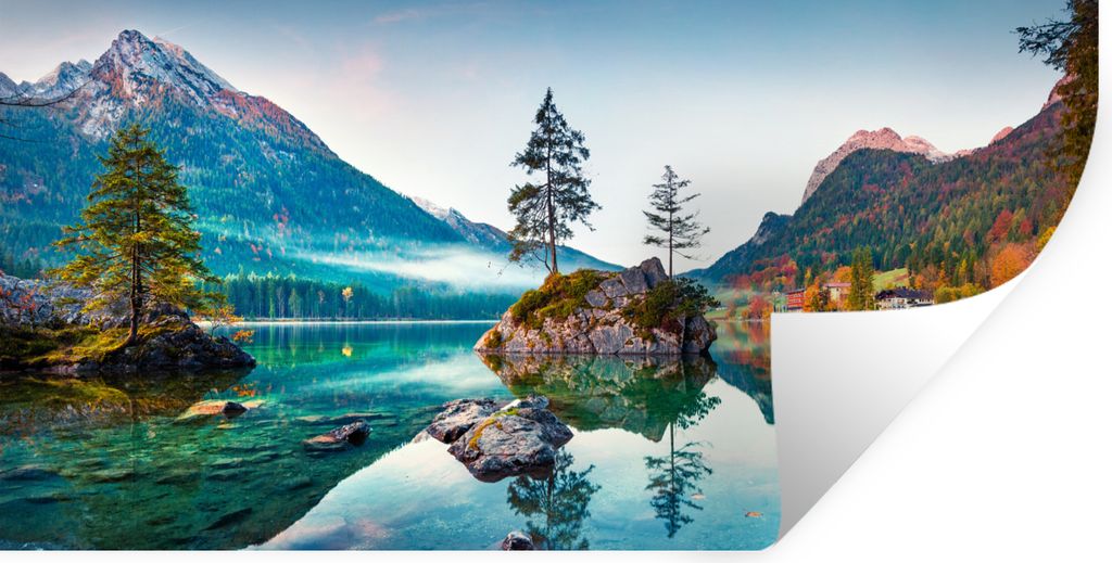 MuchoWow Wandtattoo Wandsticker Wandaufkleber Berge - See - Bäume - Natur - Wasser 160x80 cm Selbstklebend und Repositionierbar - Sticker - Deko...