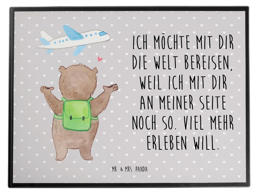 Mr. & Mrs. Panda Schreibunterlage Bär Flugzeug - Grau Pastell - Geschenk, Freund, Hochzeitstag, schreibtischauflagen, tischauflagen, Freundin, fü...