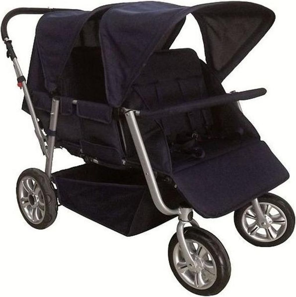A dark blue, four-seater stroller for children, shown from a three-quarter angle against a white background.